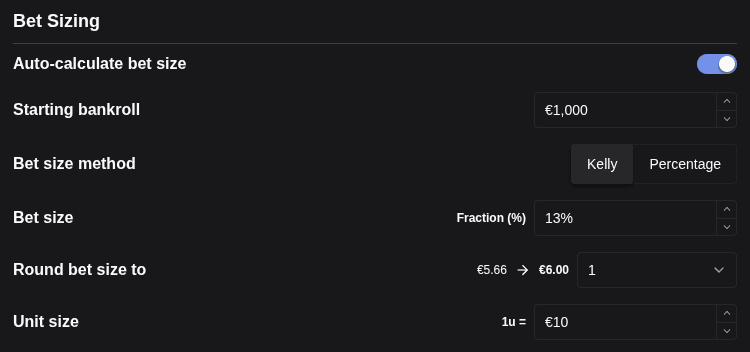Configurable Kelly Criterion bet sizing settings